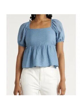 Melrose And Market Blue Skyway Top With Puff Sleeves Size XL